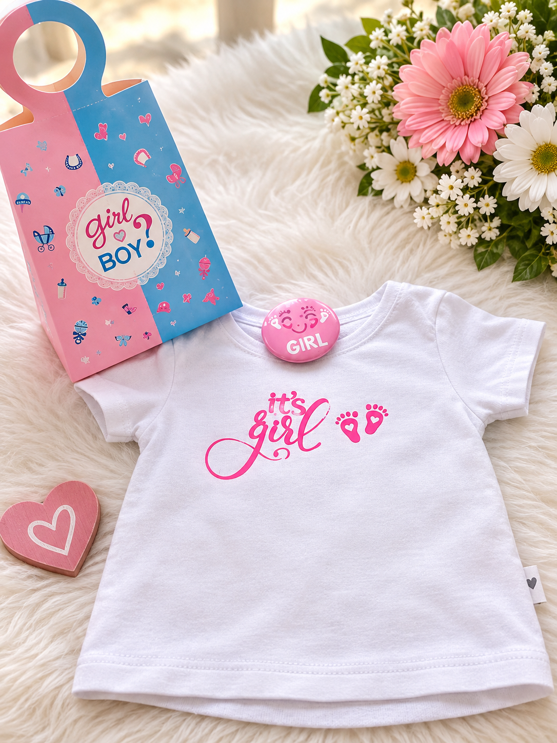 Baby tee, pin and pearl rosary in a reveal box
